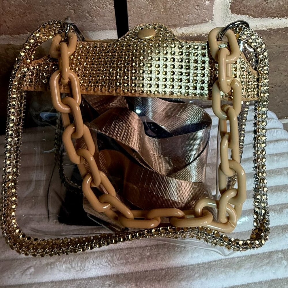 Clear Gold Rhinestone Shoulder Bag with Beige Chain Strap